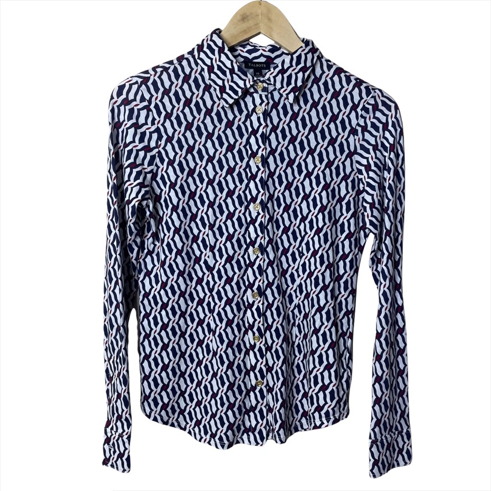 Talbots Red Blue Abstract Geometric Button Up Top